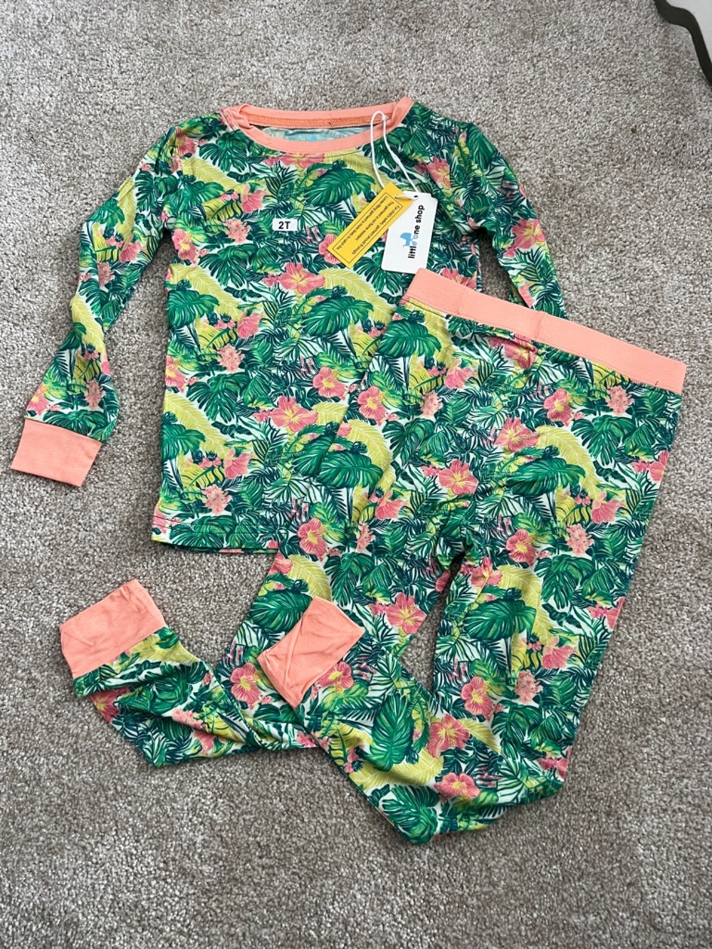 2T Tropical Floral Bamboo Kids Pajama Set with Coral Trim